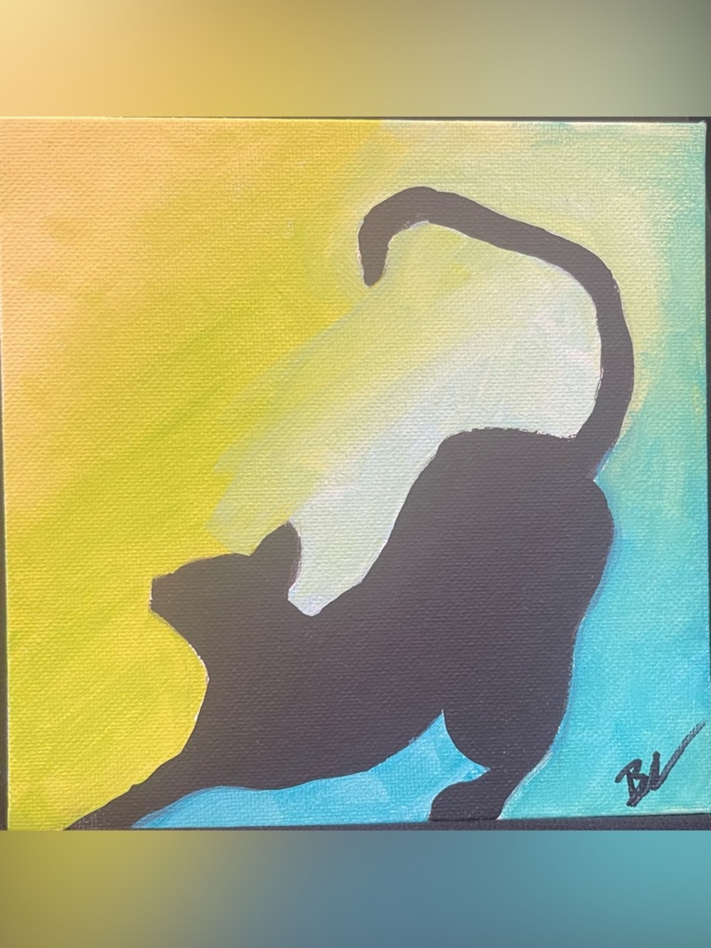 Black Cat Silhouette Canvas Art with Yellow-Blue Gradient Background